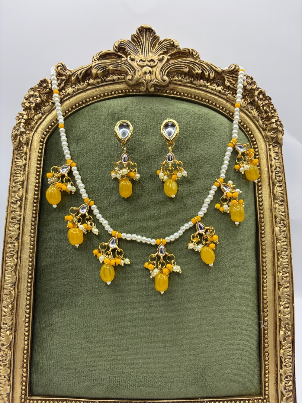 Yellow Pearl Drop Kundan Necklace & Earrings Set